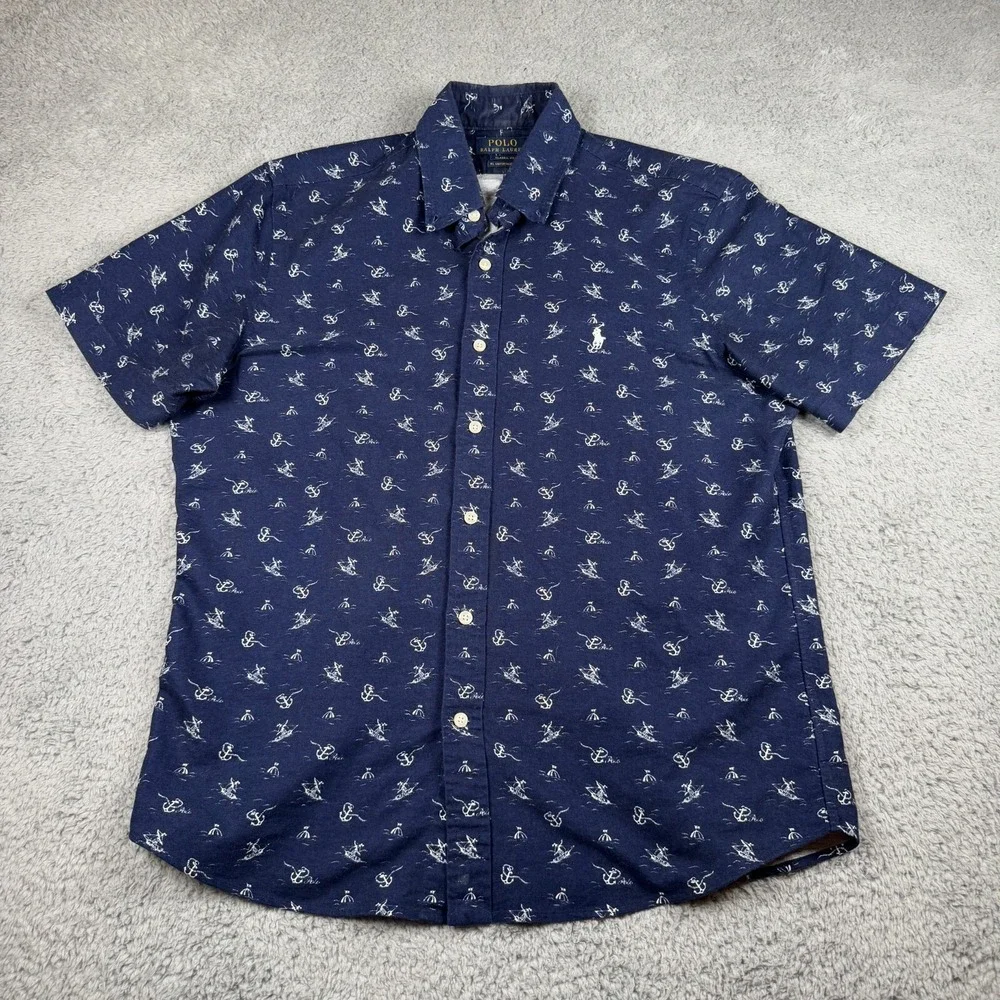 Polo Ralph Lauren Shirt Mens Medium Blue‎ Anchor All Over Print Boating Button